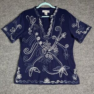 Lauren Michelle Short Sleeve Top Floral Embroidered Size Xl‎ V Neck